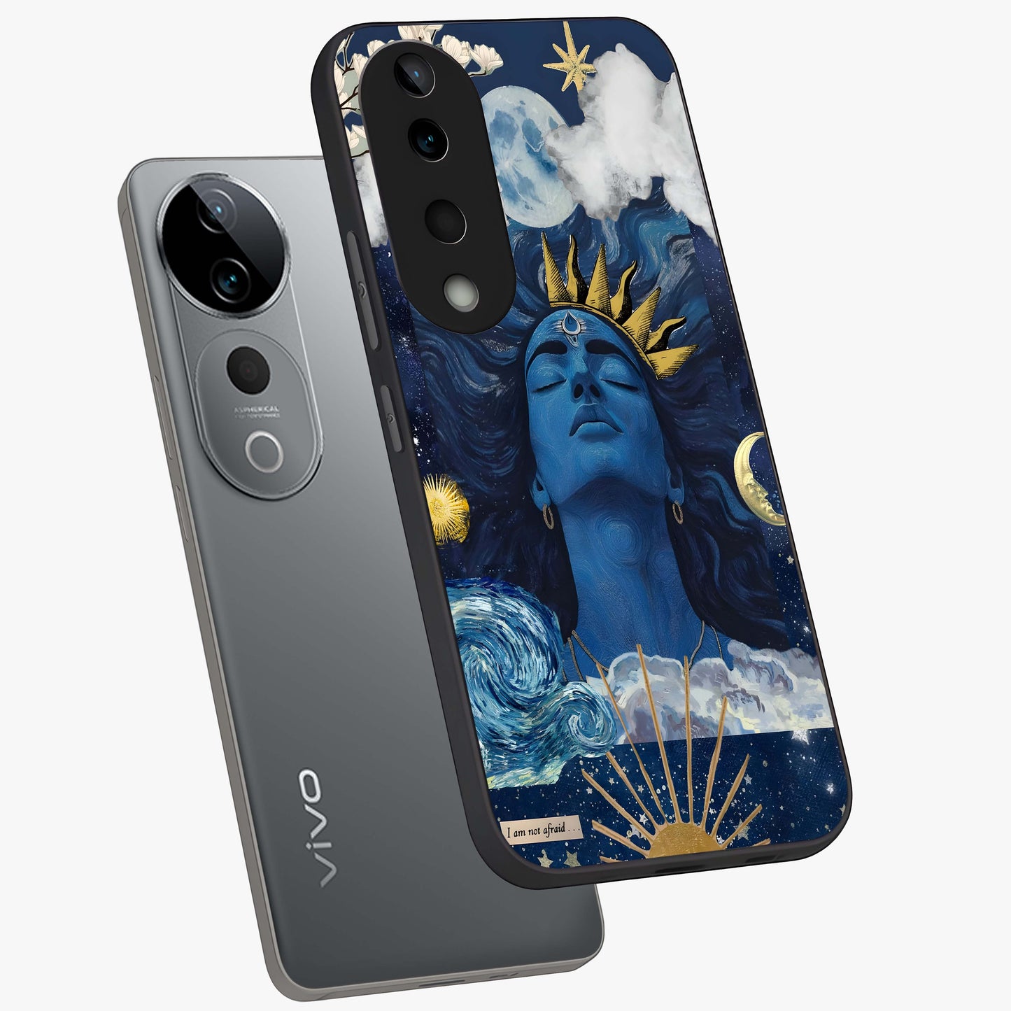 Aesthetic Lord Shiva Glass Case displayed in angled mockup highlighting spiritual Shiva illustration and sacred aesthetic design.