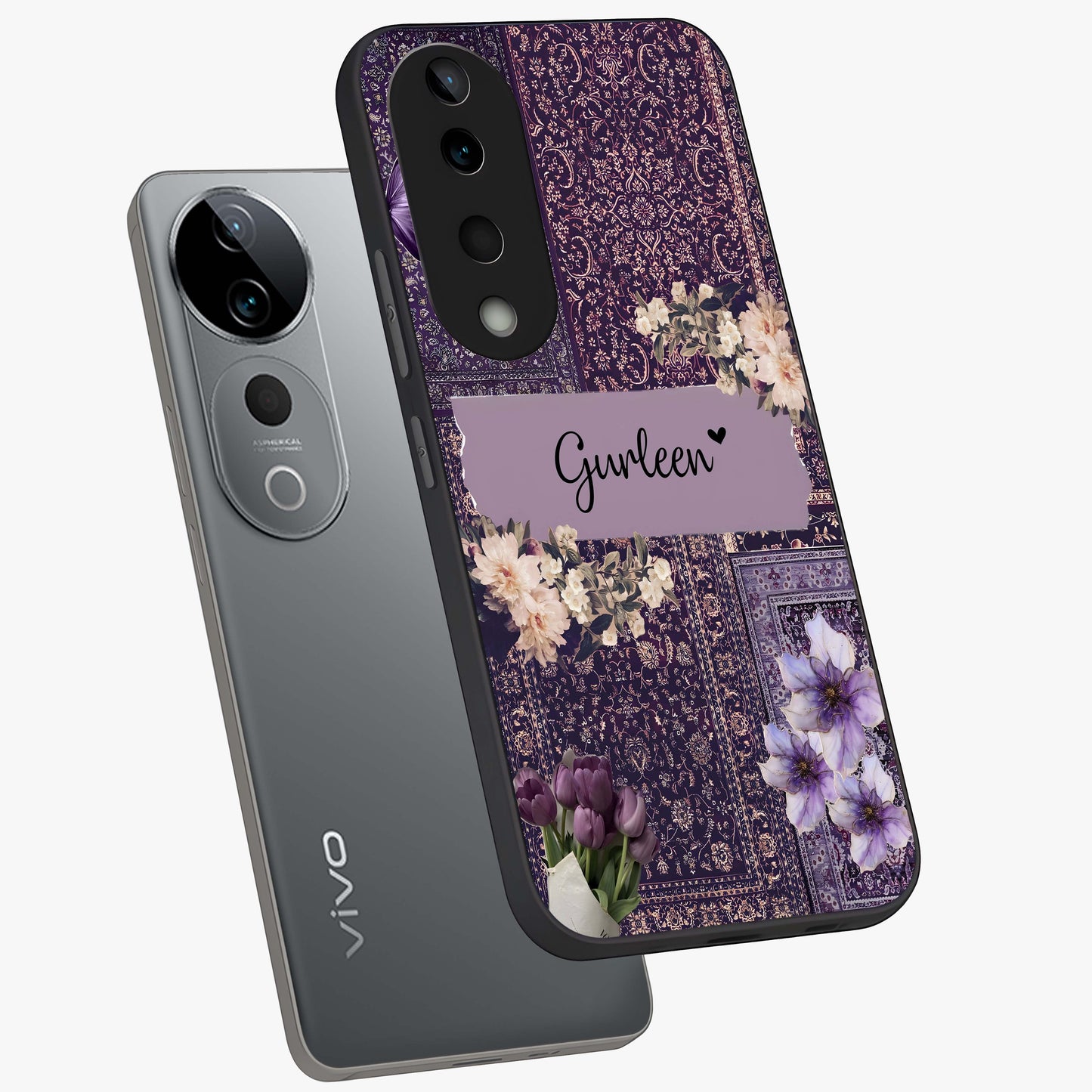 Antique Floral Whisper Custom Name Glass Case displayed in angled mockup highlighting elegant antique floral aesthetic.