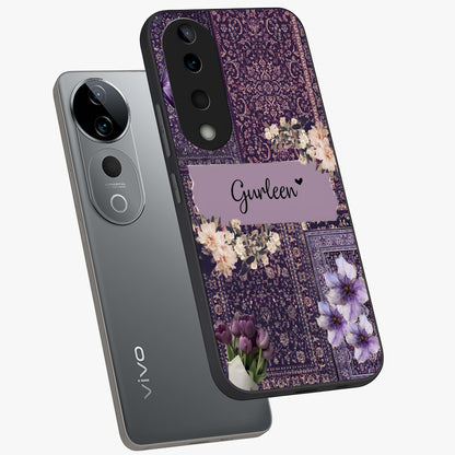 Antique Floral Whisper Custom Name Glass Case displayed in angled mockup highlighting elegant antique floral aesthetic.