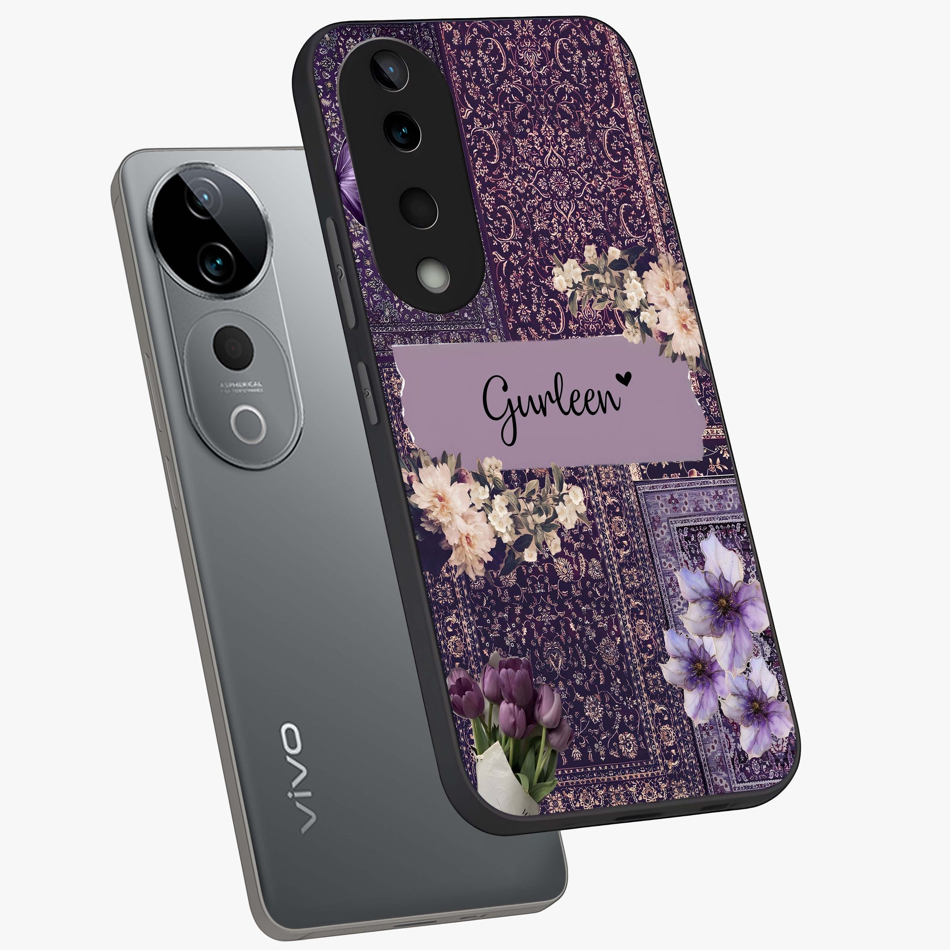 Antique Floral Whisper Custom Name Glass Case displayed in angled mockup highlighting elegant antique floral aesthetic.