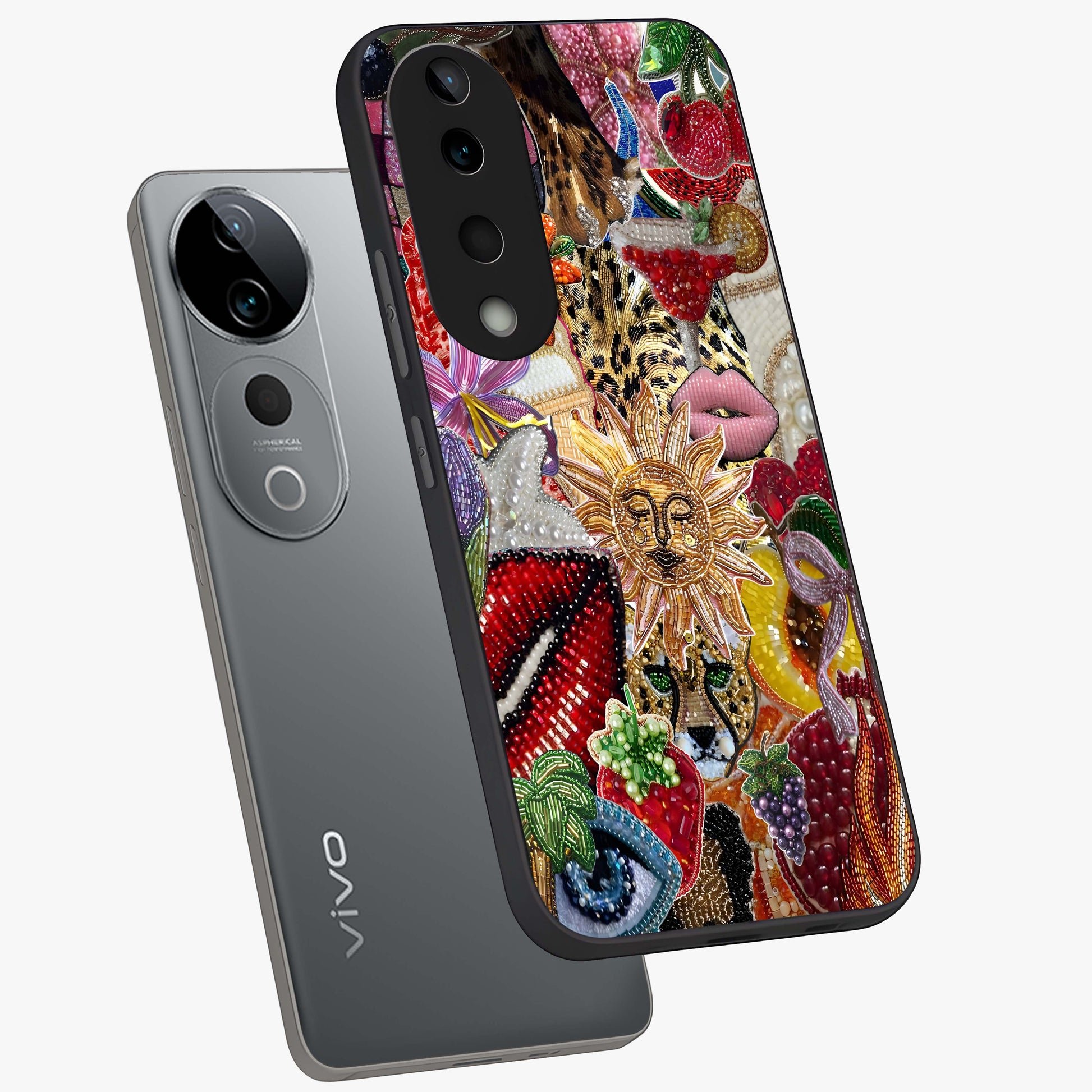 Beaded Fashion Jungle Glass Case displayed in angled mockup highlighting colorful fashion bead design and artistic pattern.