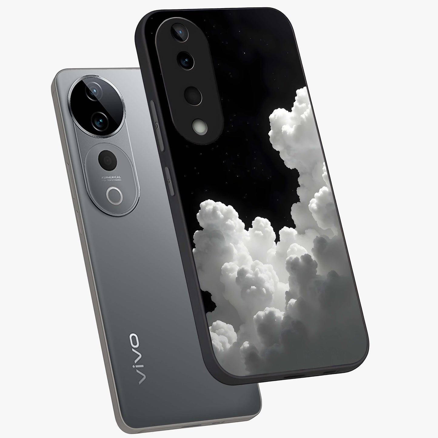 Black Background With White Cloud Glass Case displayed in angled mockup highlighting soft white cloud illustration and minimal design.