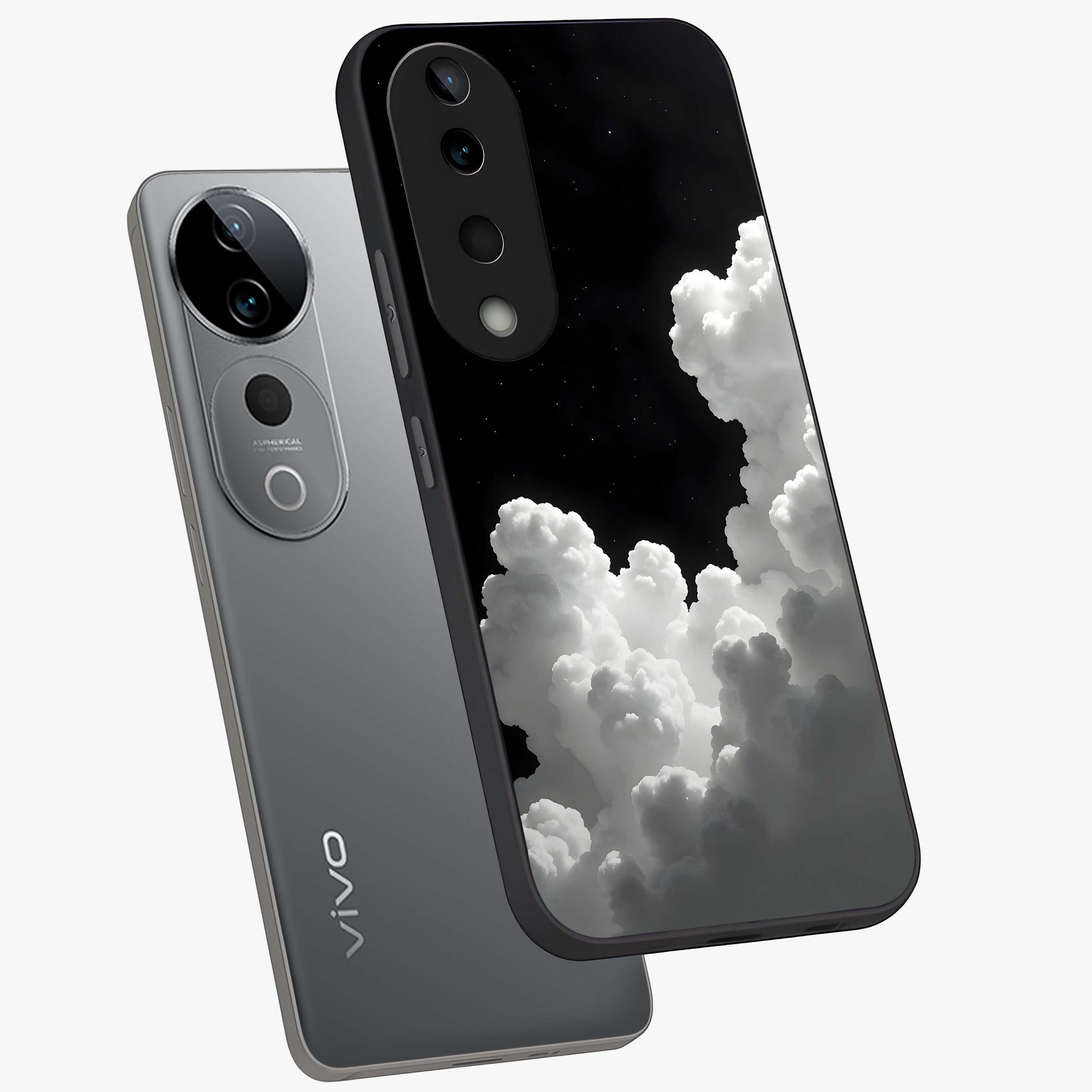 Black Background With White Cloud Glass Case displayed in angled mockup highlighting soft white cloud illustration and minimal design.