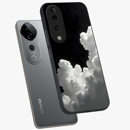 Black Background With White Cloud Glass Case displayed in angled mockup highlighting soft white cloud illustration and minimal design.