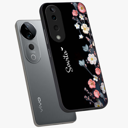 Black Elegance Floral Custom Name Glass Case displayed in angled mockup highlighting dark floral aesthetic and custom name feature.