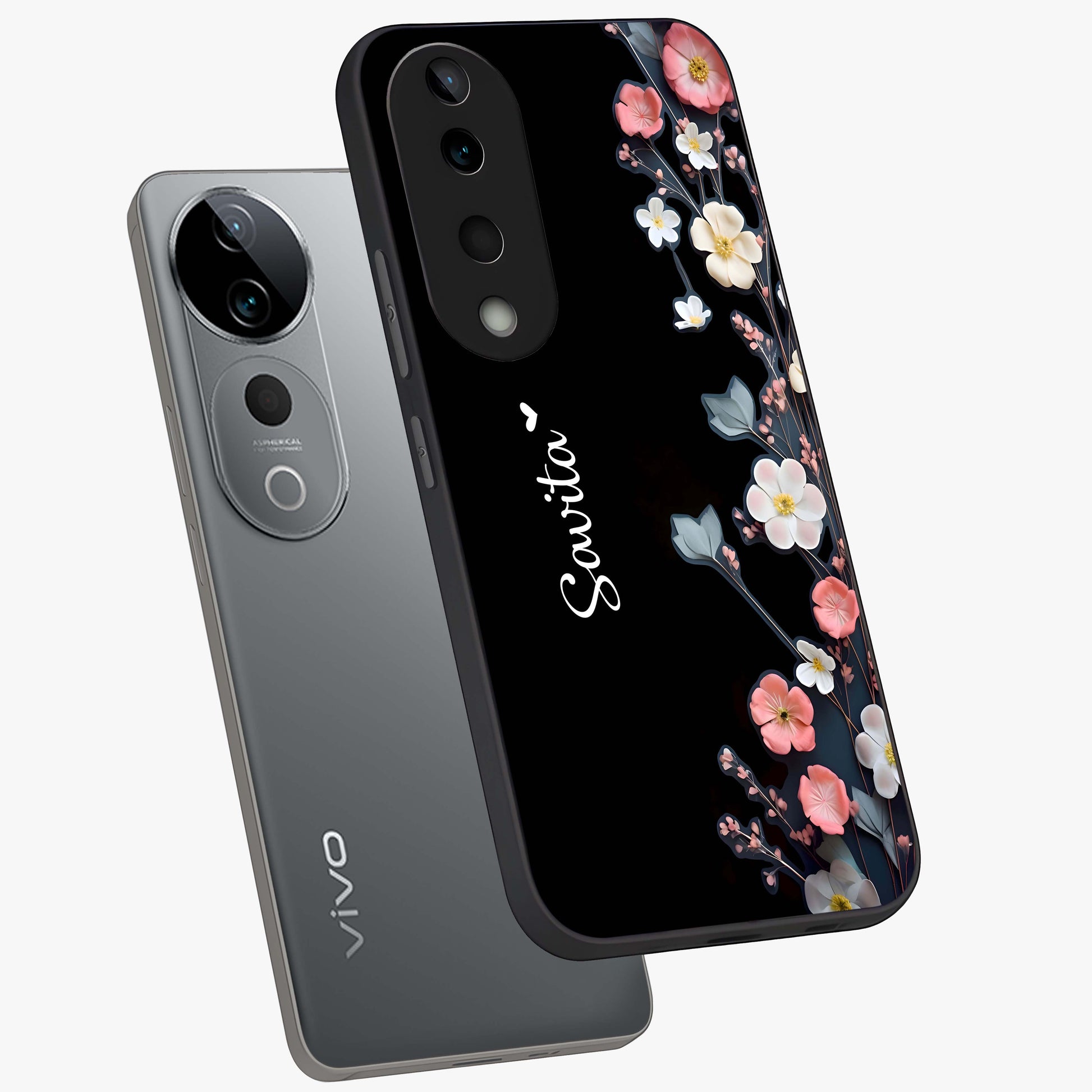 Black Elegance Floral Custom Name Glass Case displayed in angled mockup highlighting dark floral aesthetic and custom name feature.