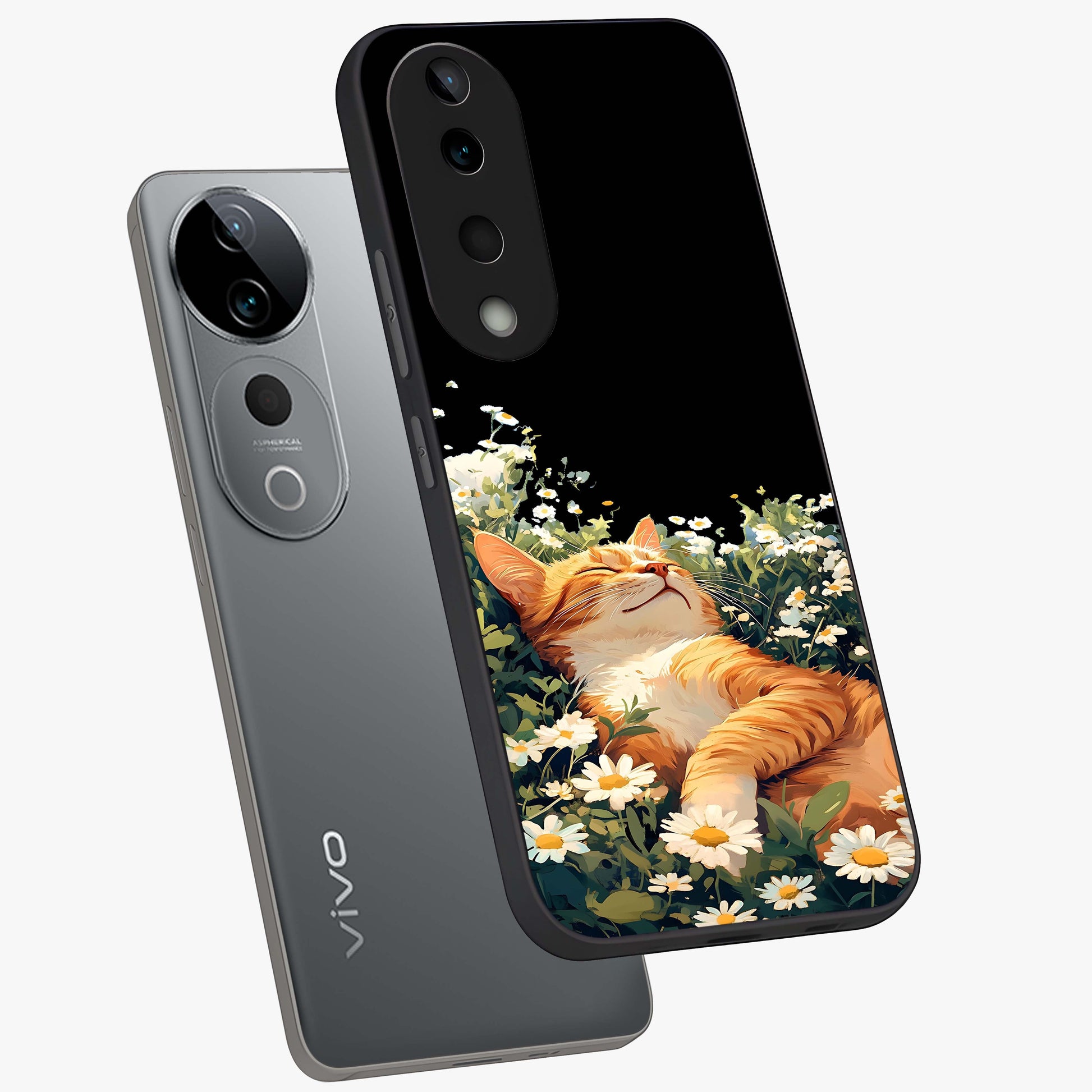 Blissful Bloom Cat Glass Case displayed in angled mockup highlighting playful feline illustration with soft floral aesthetic.