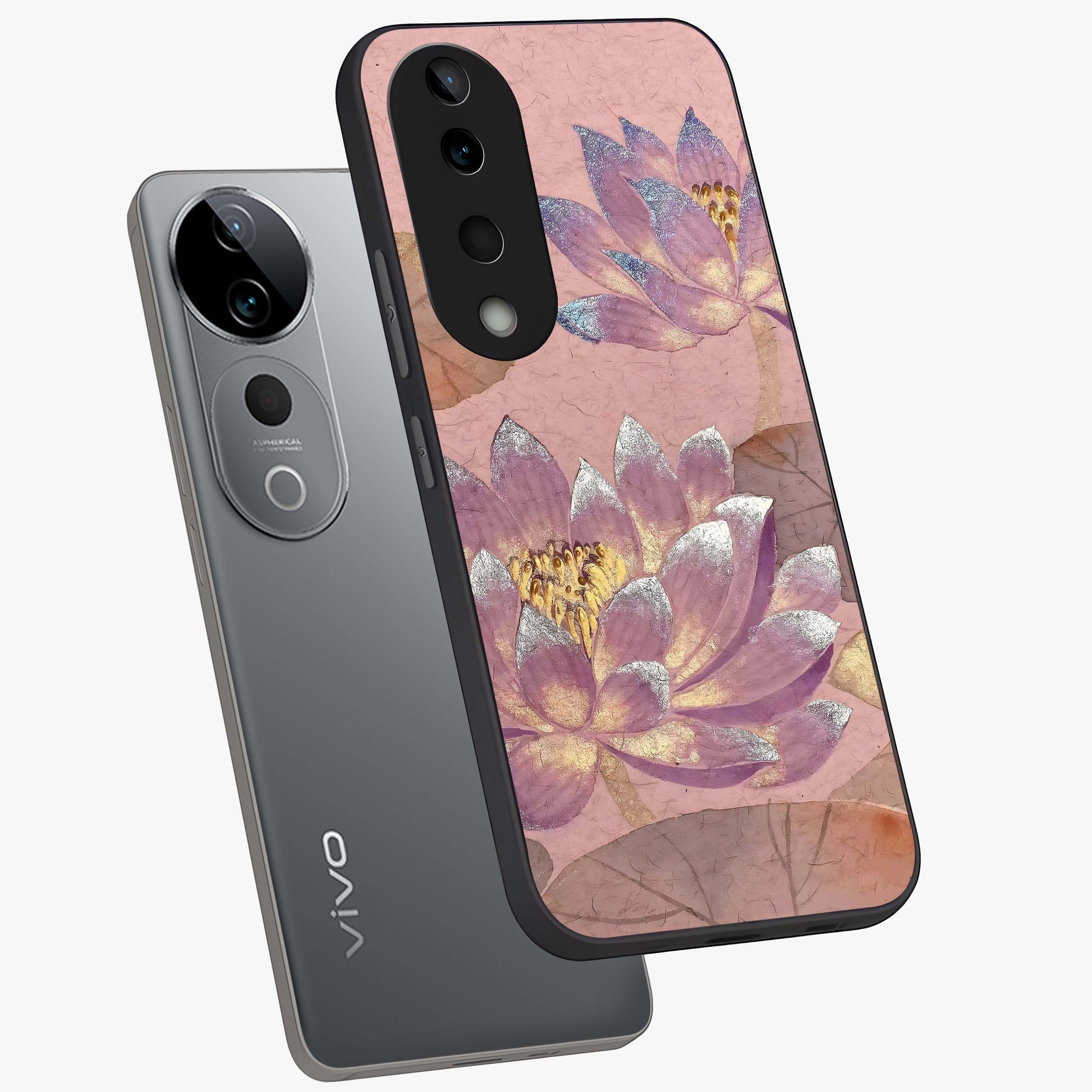 Blossom Mist Lotus Glass Case displayed in angled mockup highlighting delicate lotus illustration with calm aesthetic theme.