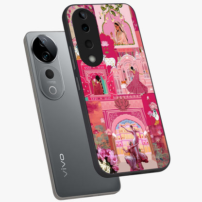 Blossoms of Rajasthan Glass Case displayed in angled mockup highlighting vibrant floral pattern with cultural aesthetic style.