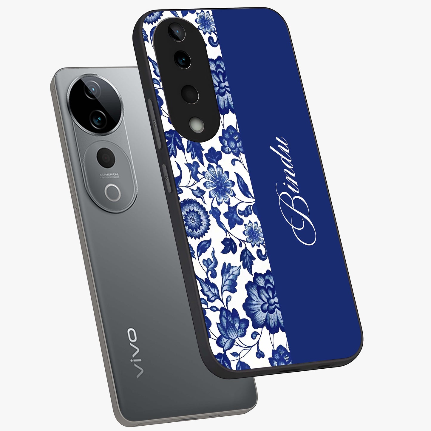 Blue Vintage Floral Pattern Glass Case displayed in angled mockup highlighting subtle bloom pattern with aesthetic pastel design.