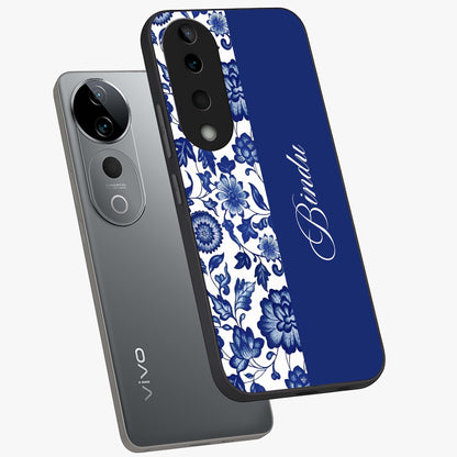 Blue Vintage Floral Pattern Glass Case displayed in angled mockup highlighting subtle bloom pattern with aesthetic pastel design.