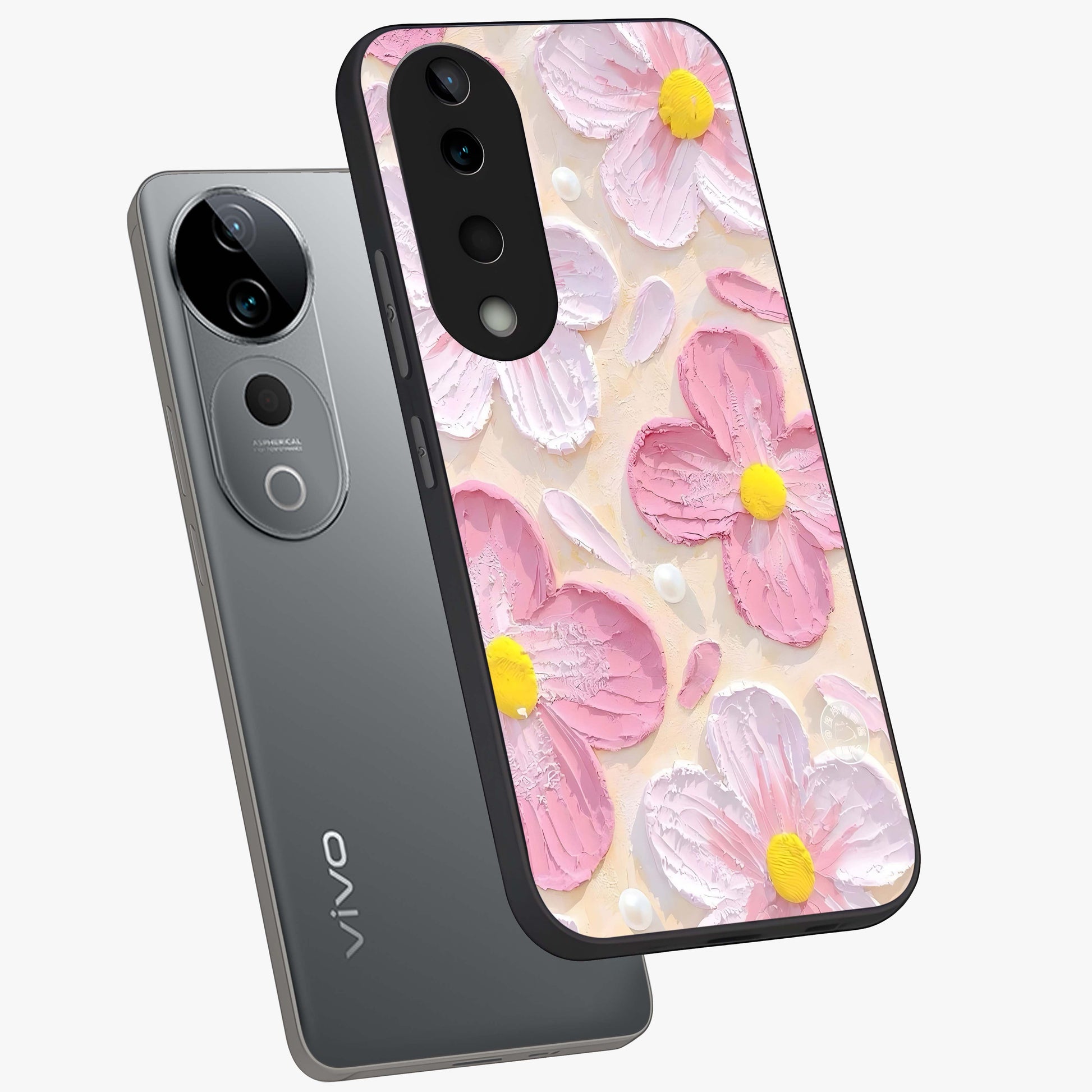 Blush Bloom Texture Glass Case displayed in angled mockup highlighting subtle bloom pattern with aesthetic pastel design.