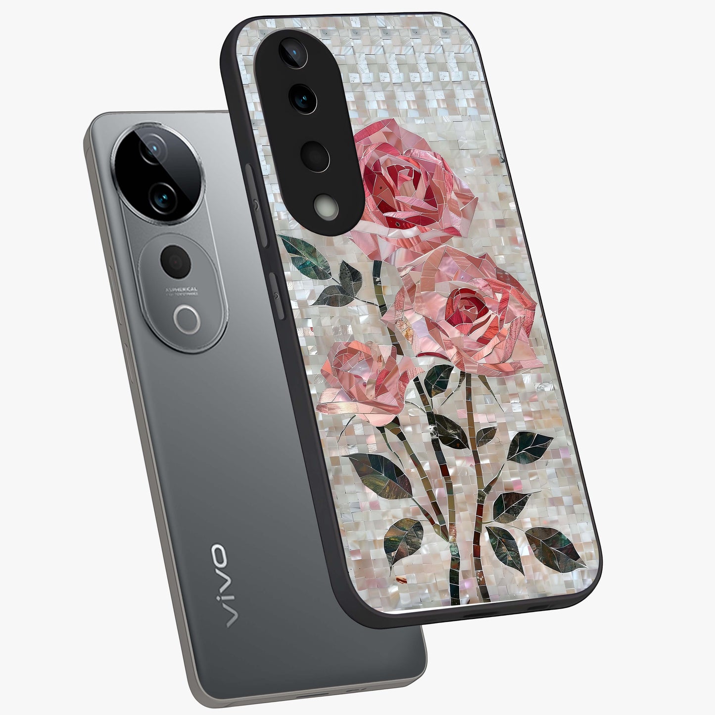 Blush Mosaic Bloom Glass Case displayed in angled mockup highlighting artistic mosaic flower pattern with aesthetic design.