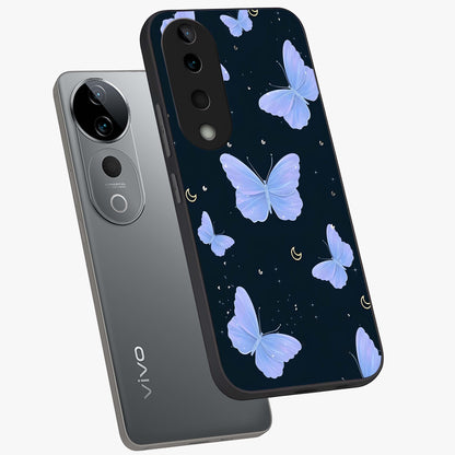 Butterfly With Stars Pattern Glass Case displayed in angled mockup highlighting dreamy butterfly and star design with aesthetic theme.