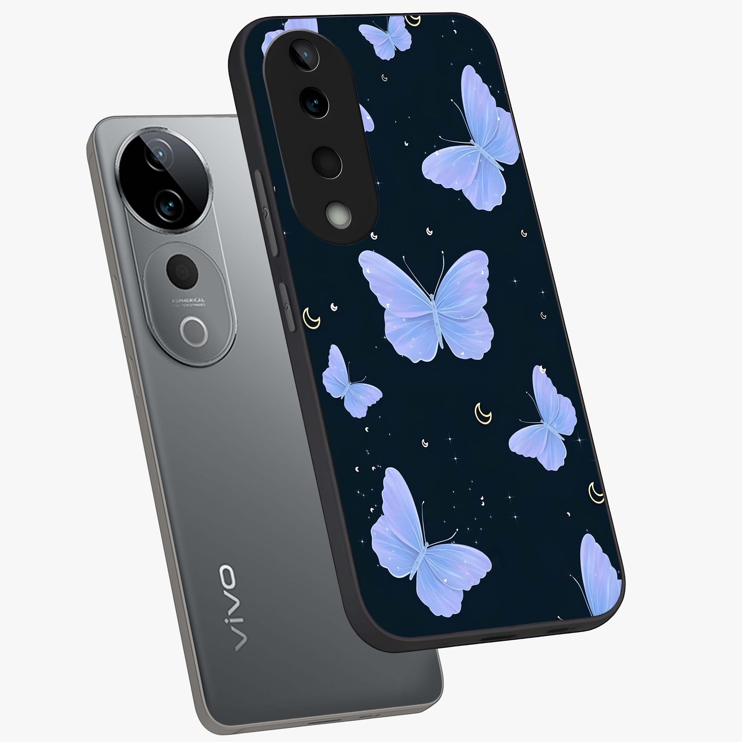 Butterfly With Stars Pattern Glass Case displayed in angled mockup highlighting dreamy butterfly and star design with aesthetic theme.