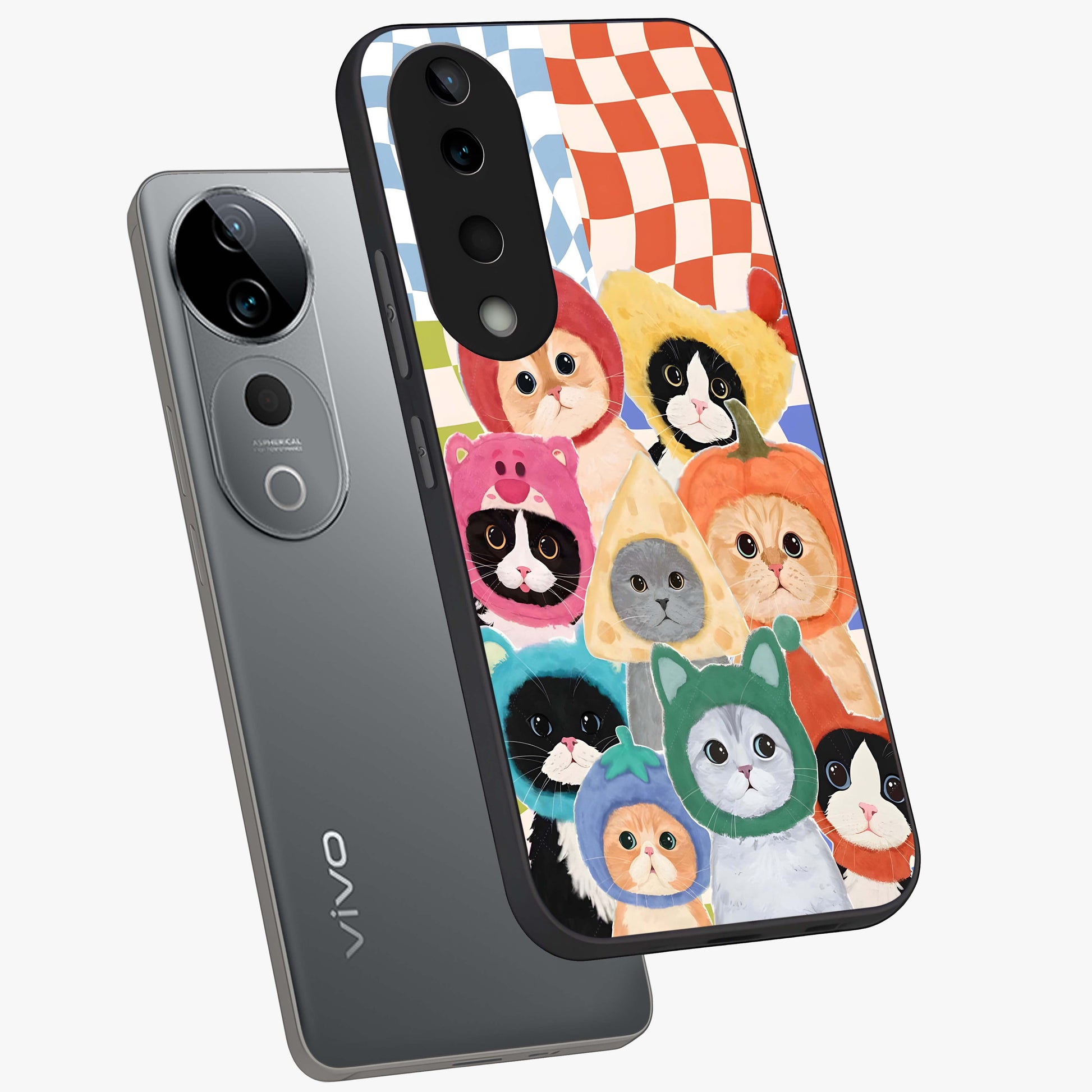 Cats in Fruits Glass Case displayed in angled mockup highlighting cute feline fruit design with colorful aesthetic style.