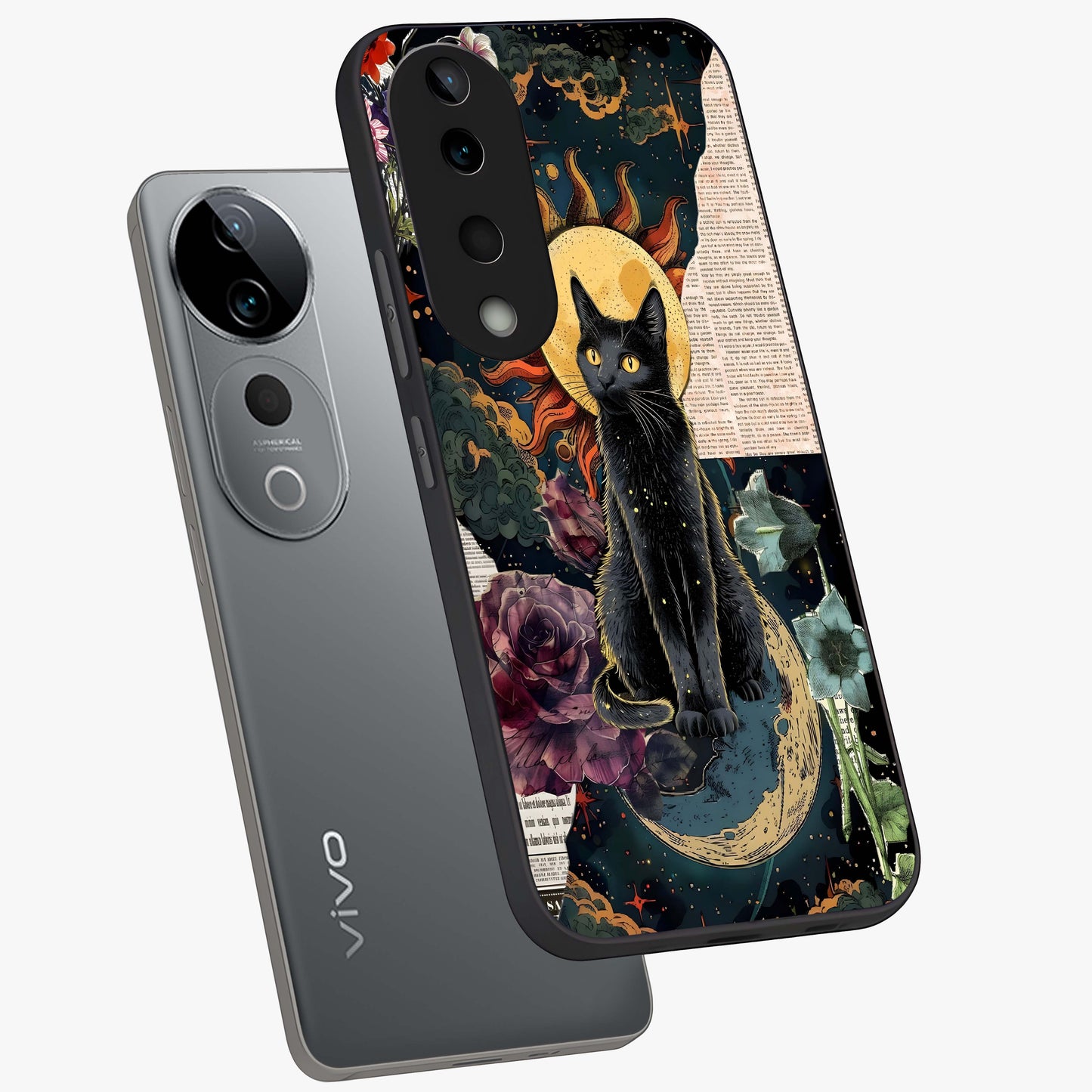 Celestial Black Cat Glass Case displayed in angled mockup highlighting cosmic black cat design with celestial aesthetic.