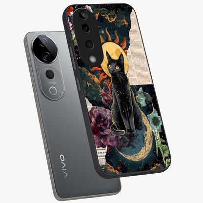 Celestial Black Cat Glass Case displayed in angled mockup highlighting cosmic black cat design with celestial aesthetic.