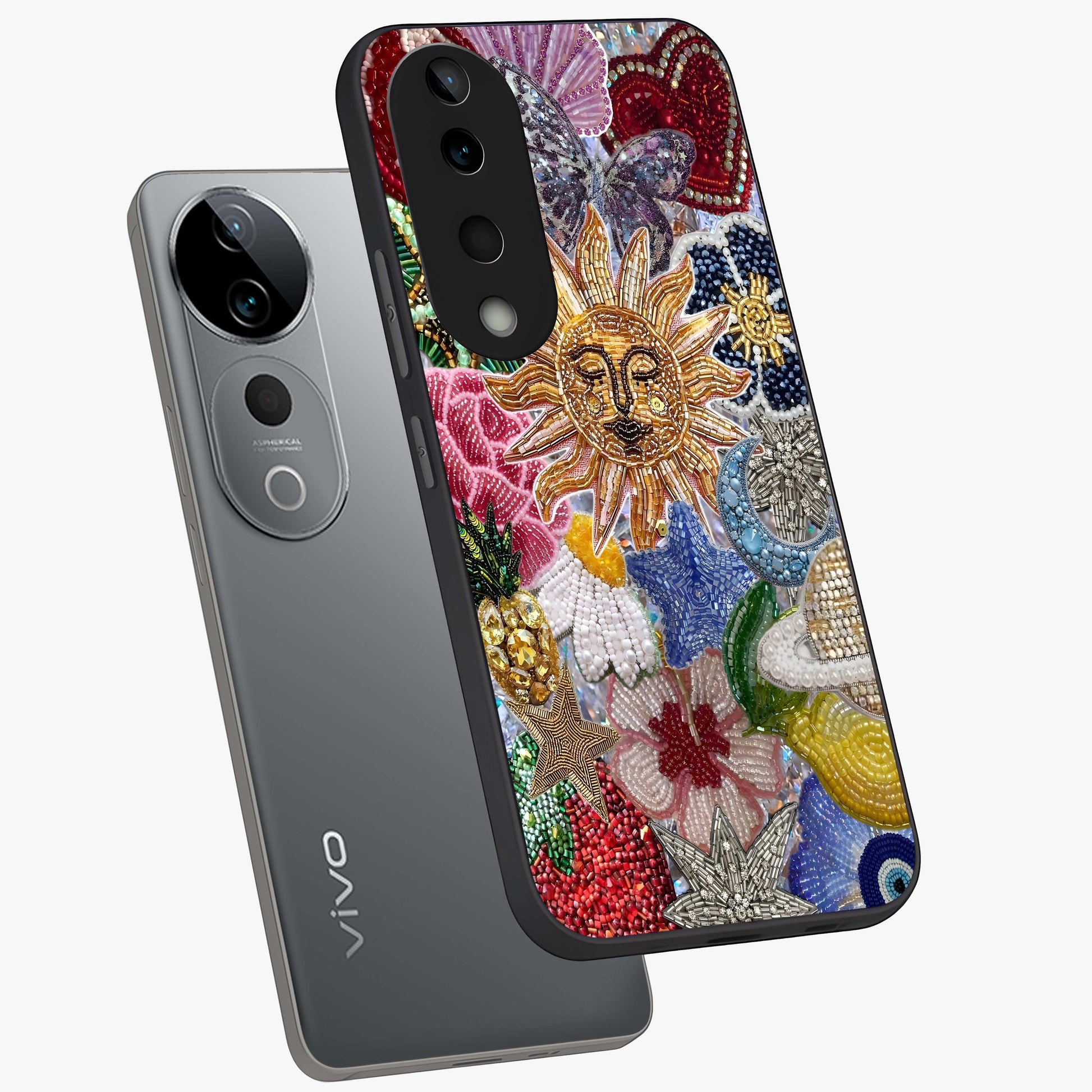 Celestial Floral and Playful Glass Case displayed in angled mockup highlighting playful floral design with dreamy celestial elements.
