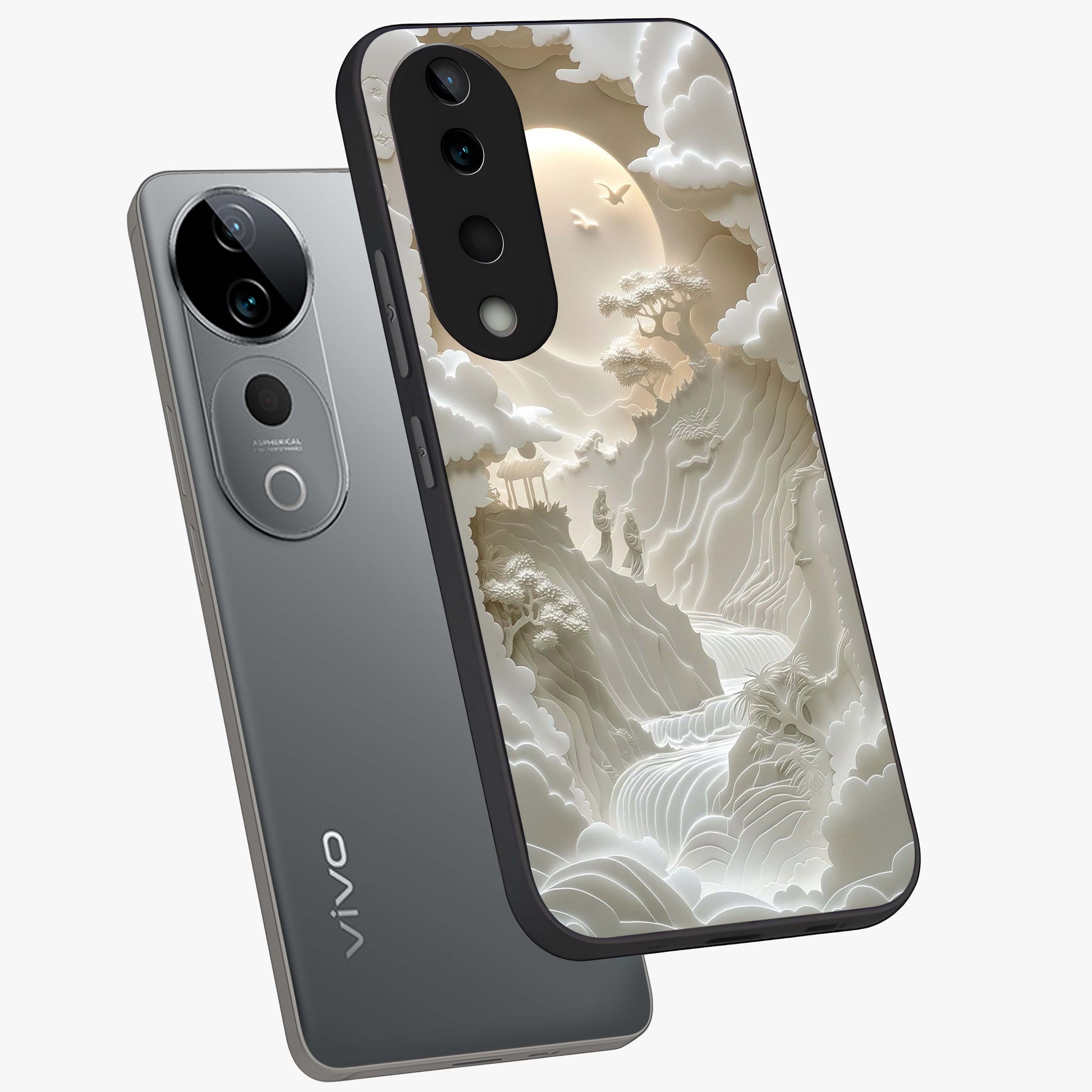 Celestial Origami Glass Case displayed in angled mockup highlighting geometric origami design with cosmic aesthetic theme.