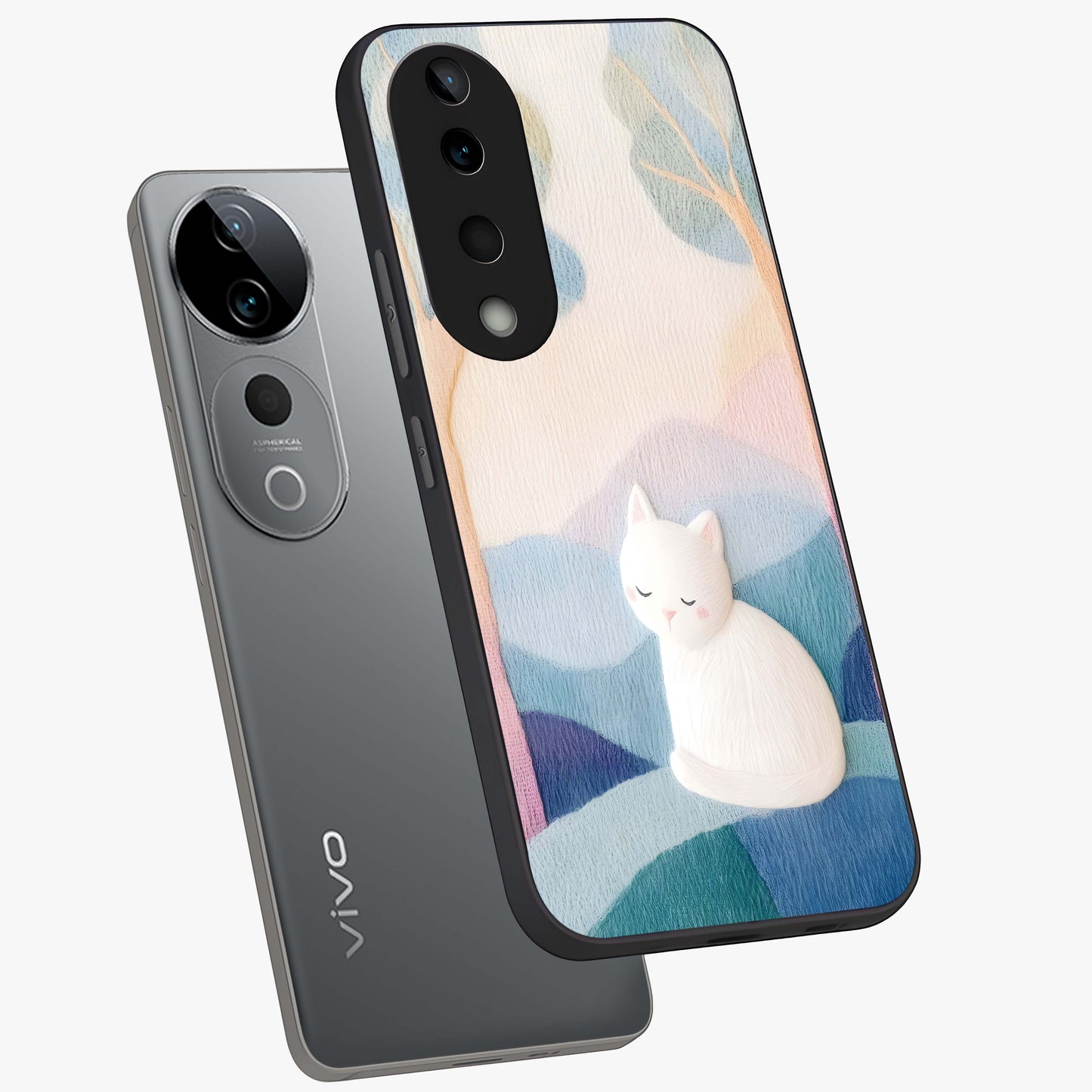 Cotton Dream Cat Glass Case displayed in angled mockup highlighting cute feline illustration with pastel aesthetic style.