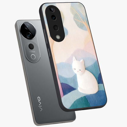 Cotton Dream Cat Glass Case displayed in angled mockup highlighting cute feline illustration with pastel aesthetic style.