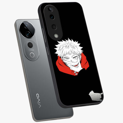 Crimson Chaos Smile Glass Case displayed in angled mockup highlighting edgy crimson smile design with graphic aesthetic.