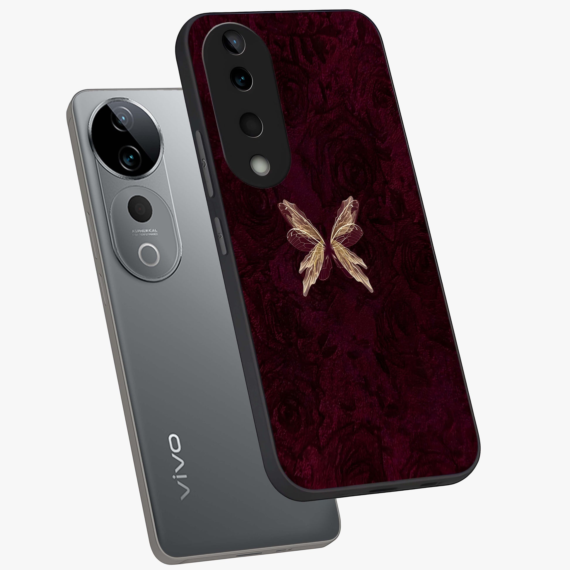 Crimson Fade Butterfly Glass Case displayed in angled mockup highlighting elegant butterfly design with crimson gradient aesthetic.