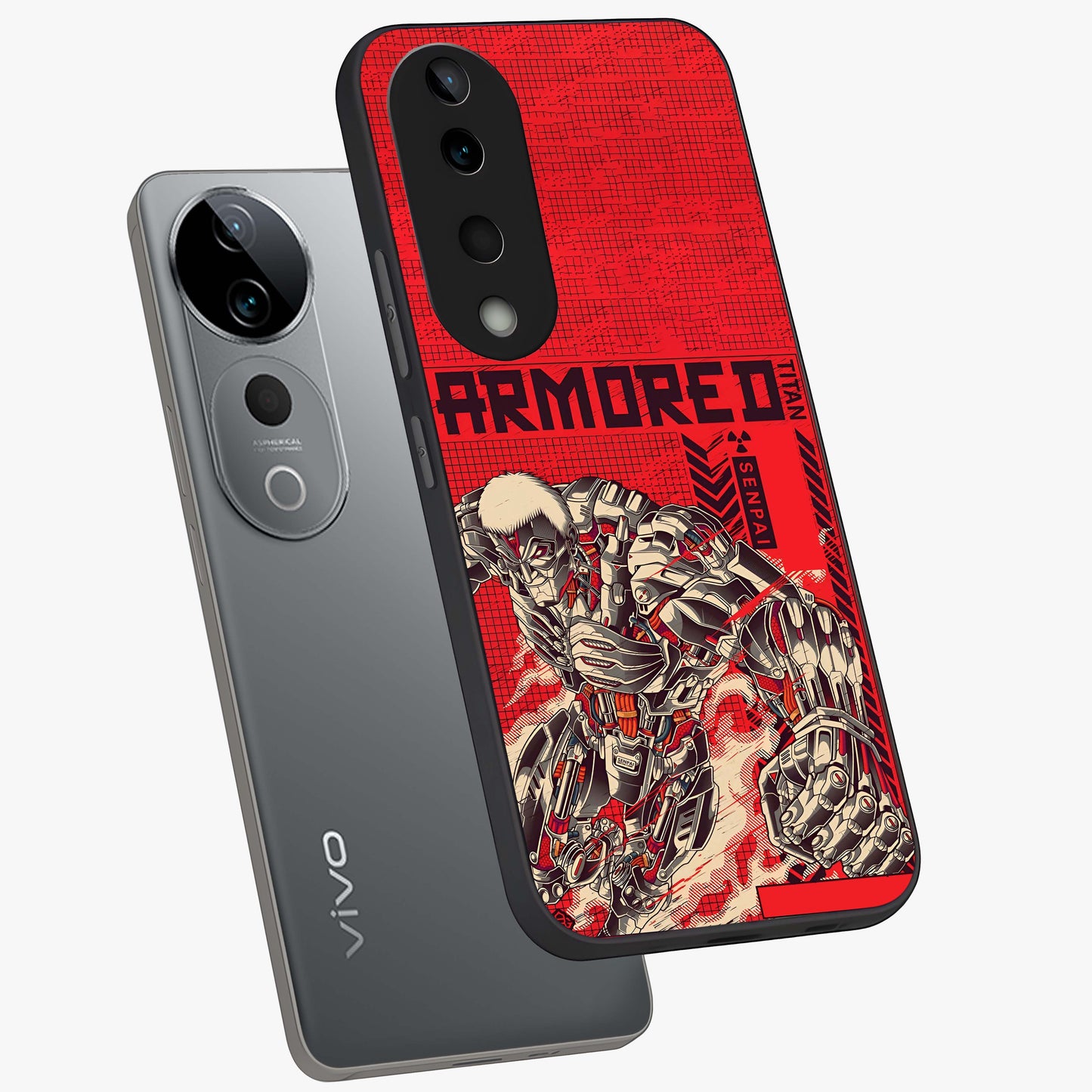Crimson Mecha Titan Glass Case displayed in angled mockup highlighting futuristic mech illustration with bold crimson aesthetic.
