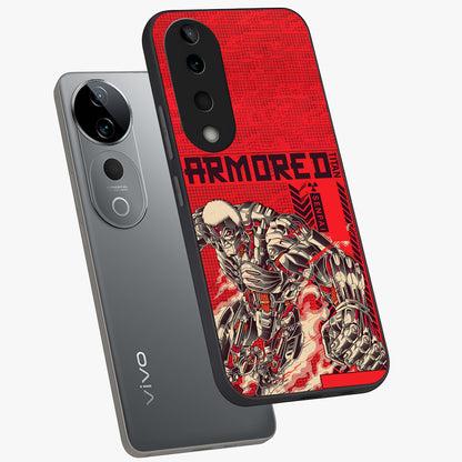 Crimson Mecha Titan Glass Case displayed in angled mockup highlighting futuristic mech illustration with bold crimson aesthetic.