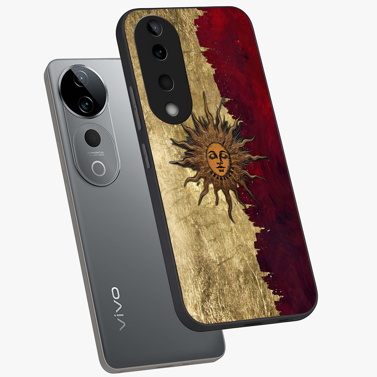 Crimson Sun Majesty Glass Case displayed in angled mockup highlighting majestic crimson sun design with bold aesthetic style.