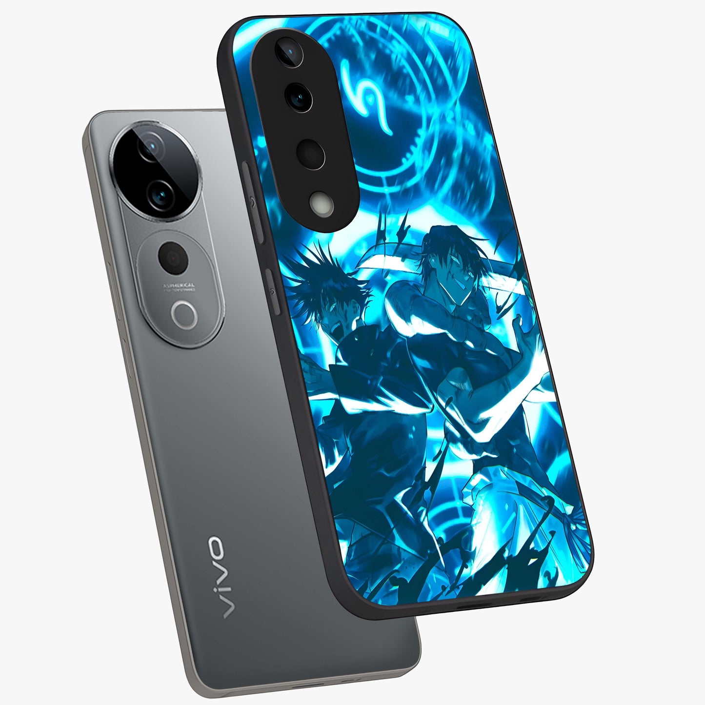 Cursed Energy Clash Glass Case displayed in angled mockup highlighting powerful battle inspired graphic with anime style aesthetic.
