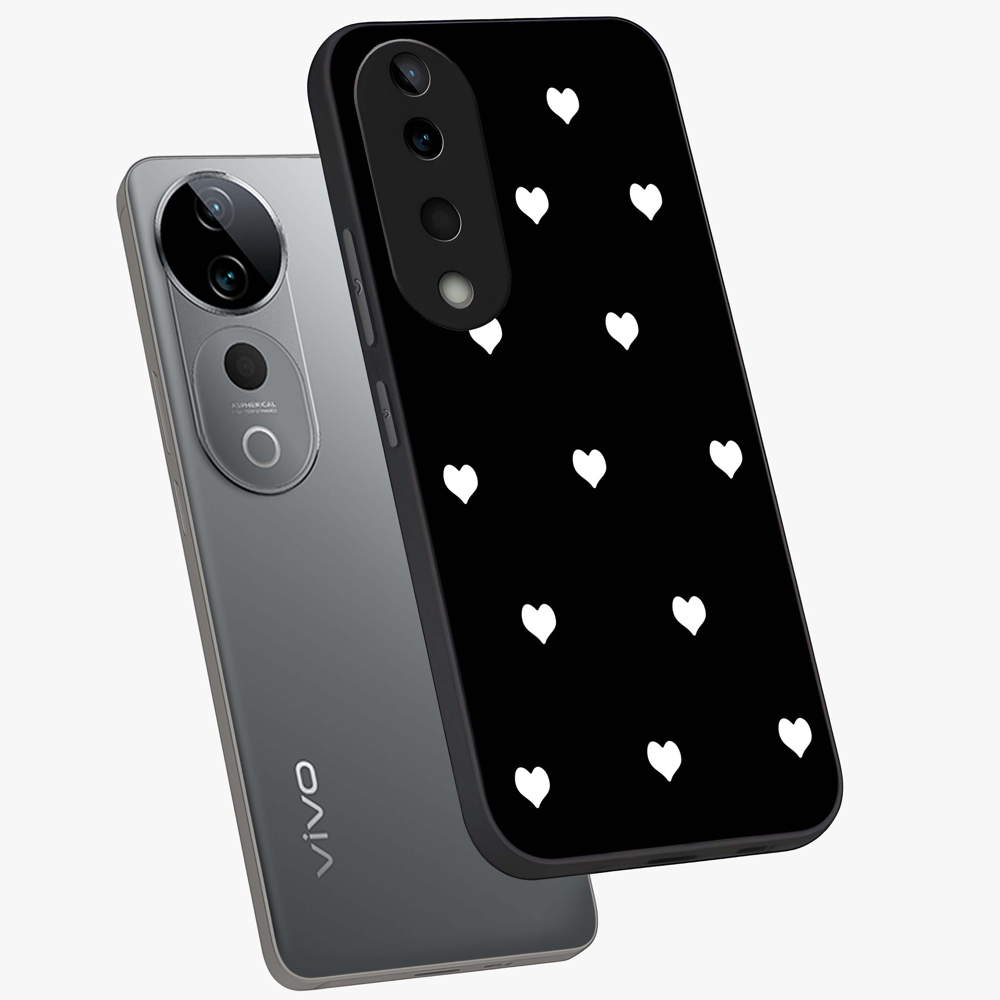 Cute And Simple White Hearts Glass Case displayed in angled mockup highlighting cute heart design with clean aesthetic style.