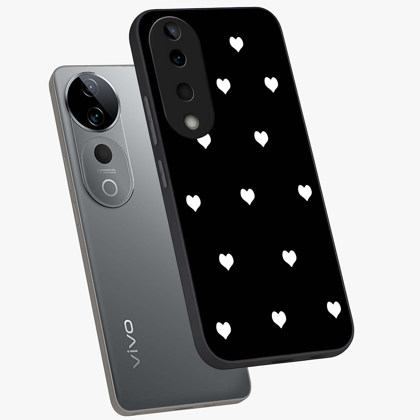 Cute And Simple White Hearts Glass Case displayed in angled mockup highlighting cute heart design with clean aesthetic style.