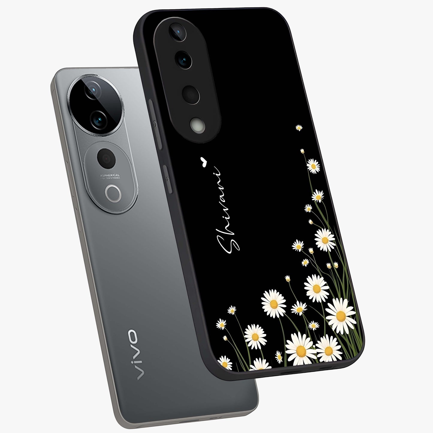 Daisy Cascade Custom Name Glass Case displayed in angled mockup highlighting delicate daisy artwork with custom name feature.