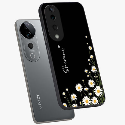 Daisy Cascade Custom Name Glass Case displayed in angled mockup highlighting delicate daisy artwork with custom name feature.