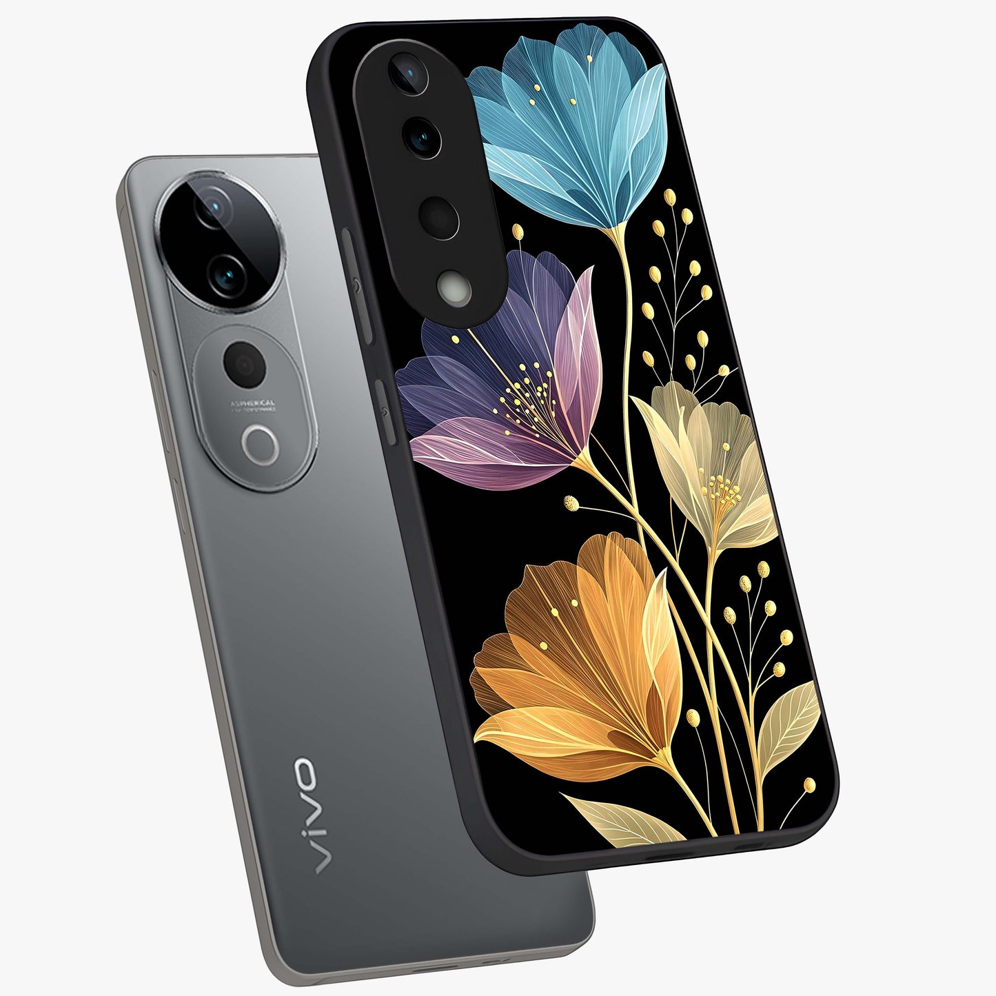 Delicate Multicolor Flowers Glass Case displayed in angled mockup highlighting colorful flower pattern with soft aesthetic style.