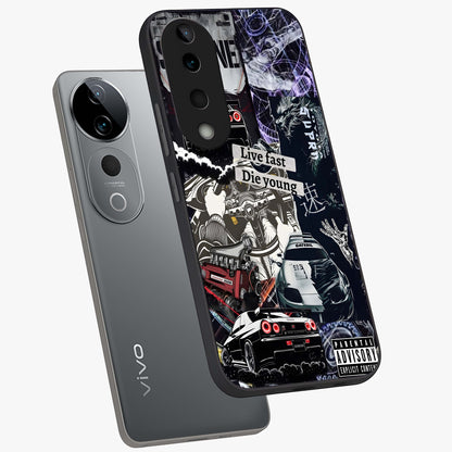 Die Young Glass Case displayed in angled mockup highlighting expressive graphic artwork with edgy aesthetic style.