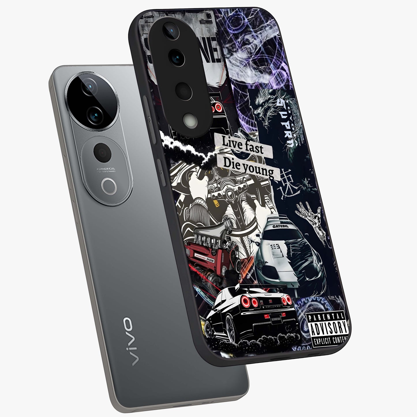 Die Young Glass Case displayed in angled mockup highlighting expressive graphic artwork with edgy aesthetic style.