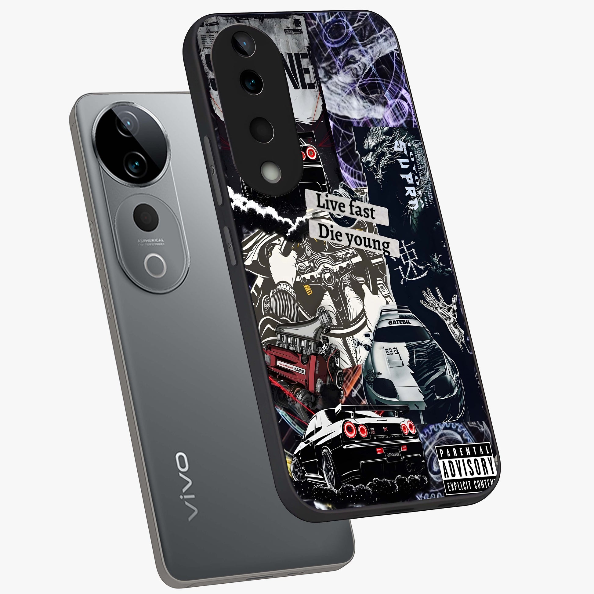 Die Young Glass Case displayed in angled mockup highlighting expressive graphic artwork with edgy aesthetic style.