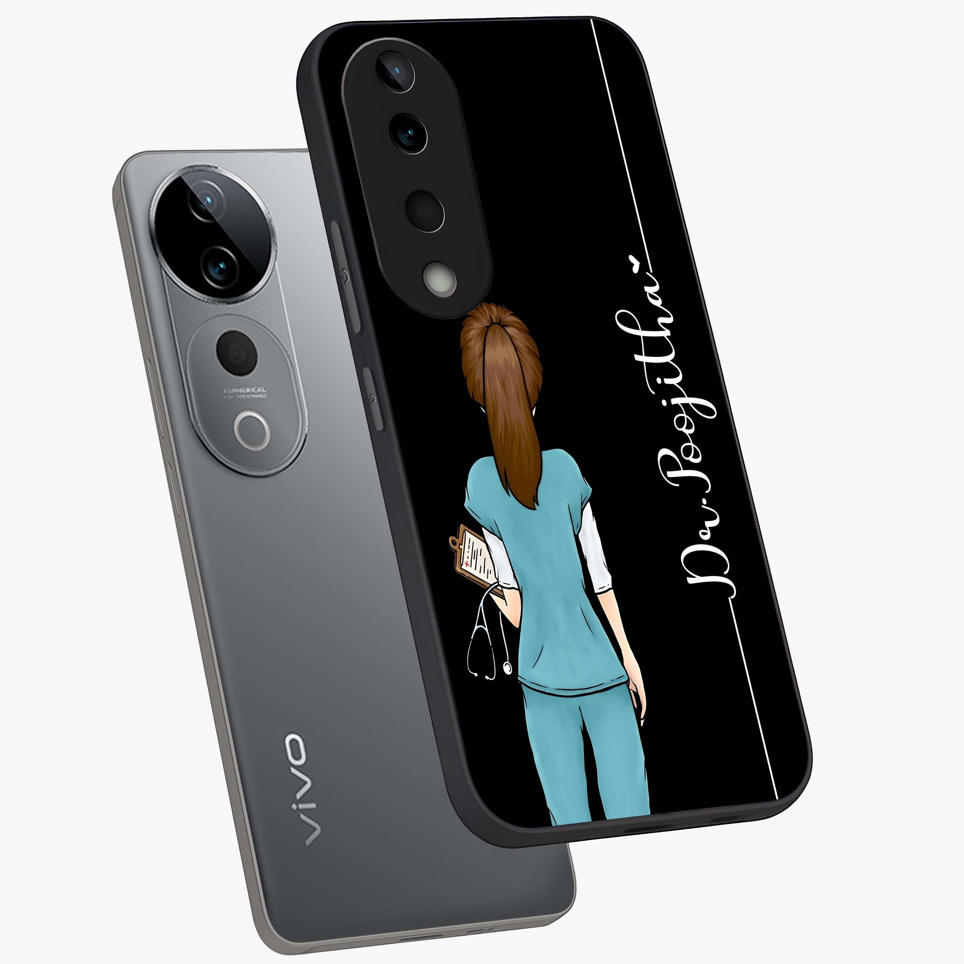 Doctor Pattern Custom Name Glass Case displayed in angled mockup highlighting doctor inspired artwork with custom name feature.