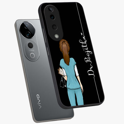 Doctor Pattern Custom Name Glass Case displayed in angled mockup highlighting doctor inspired artwork with custom name feature.