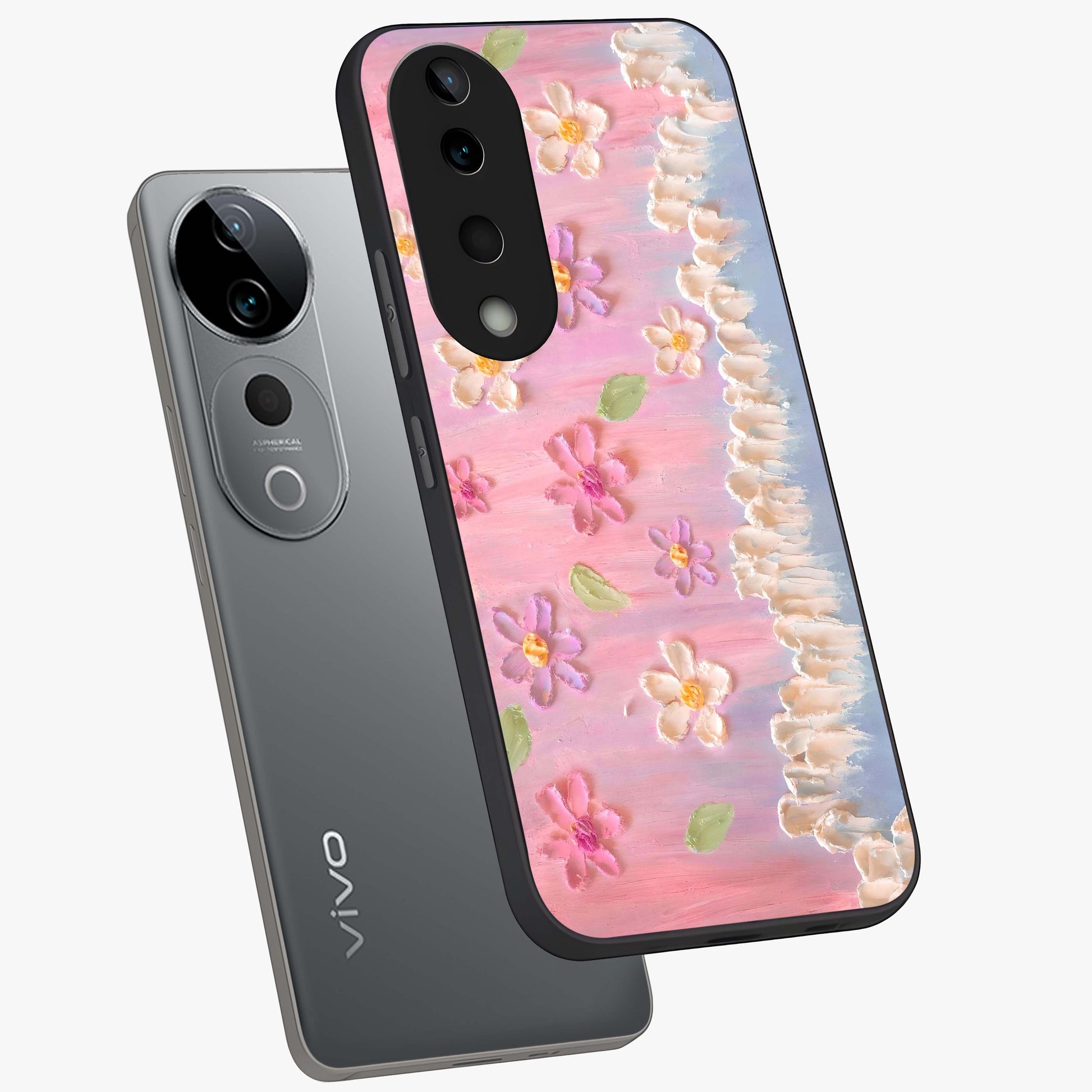 Dreamy Painted Garden Glass Case displayed in angled mockup highlighting colorful garden illustration with dreamy aesthetic style.