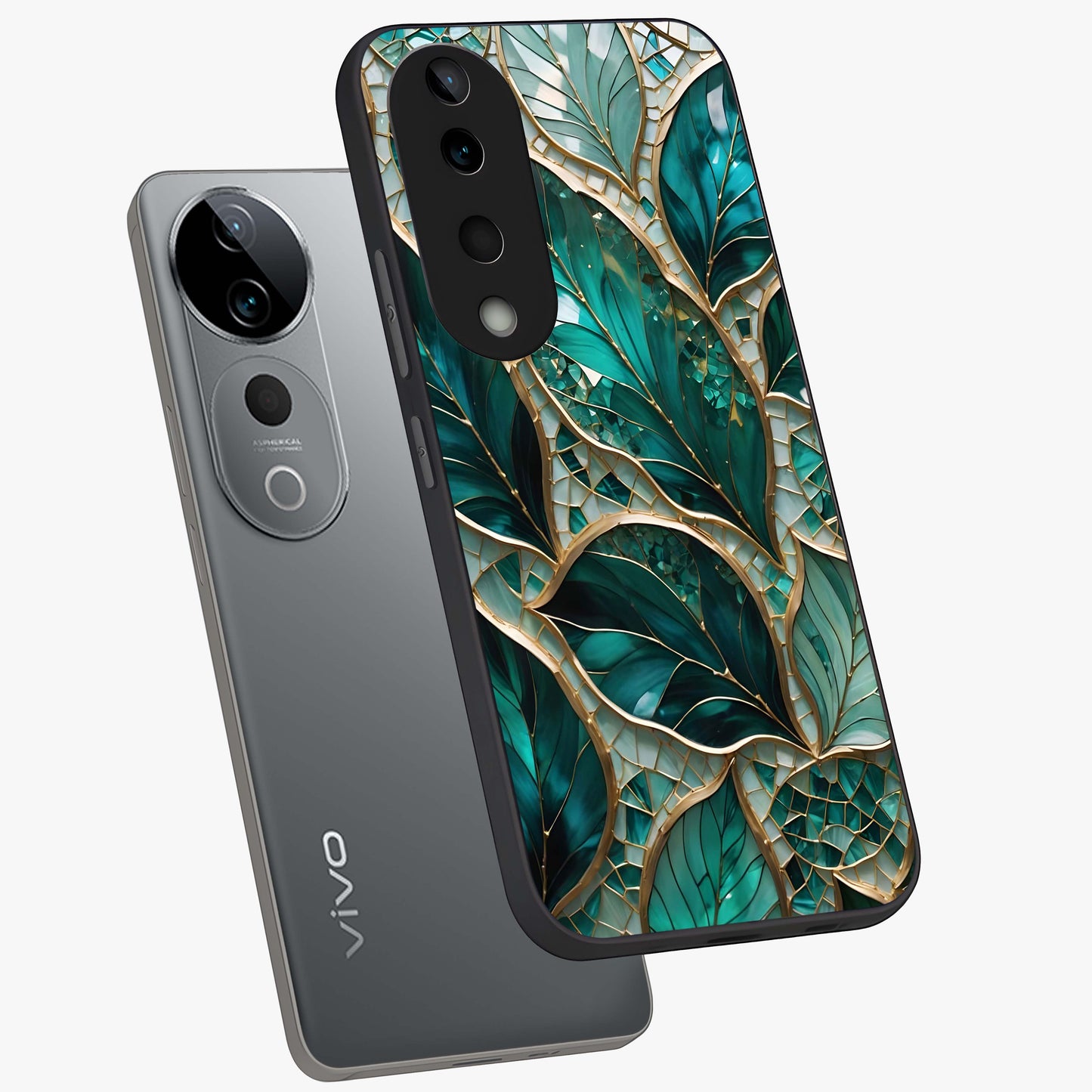 Emerald Leaf Glass Glass Case displayed in angled mockup highlighting botanical leaf illustration with elegant natural aesthetic.