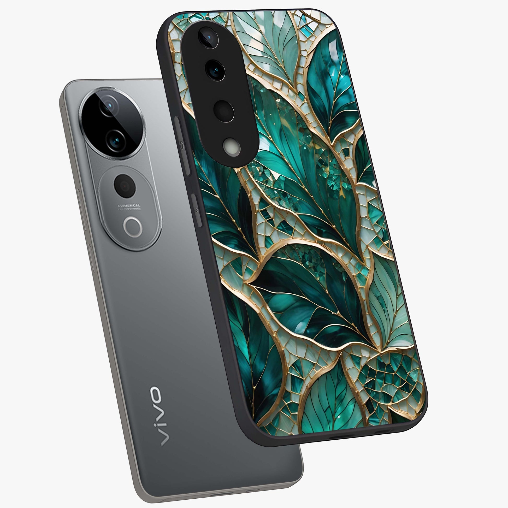 Emerald Leaf Glass Glass Case displayed in angled mockup highlighting botanical leaf illustration with elegant natural aesthetic.