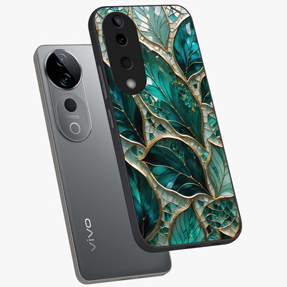 Emerald Leaf Glass Glass Case displayed in angled mockup highlighting botanical leaf illustration with elegant natural aesthetic.