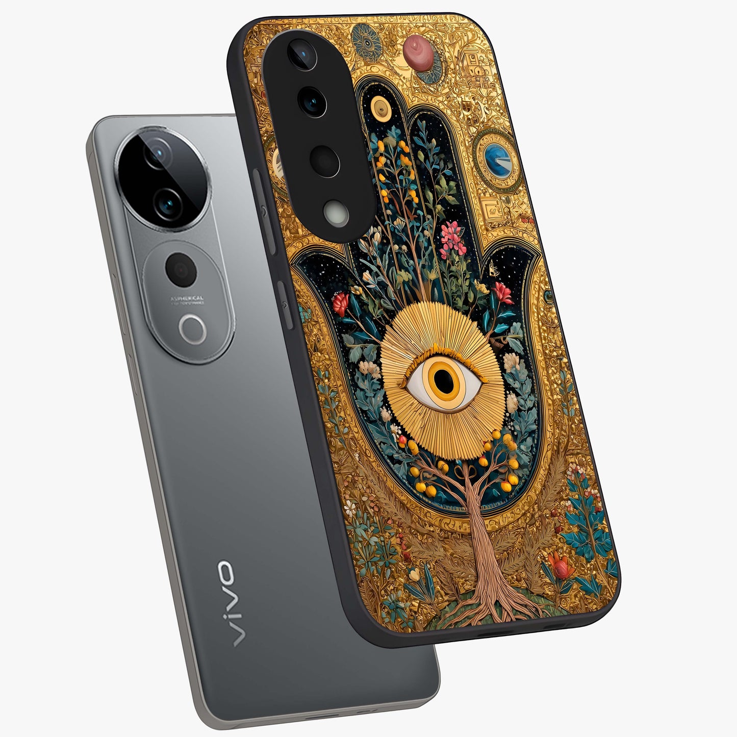 Ethereal Evil Eye Glass Case displayed in angled mockup highlighting protective evil eye symbol with spiritual aesthetic design.