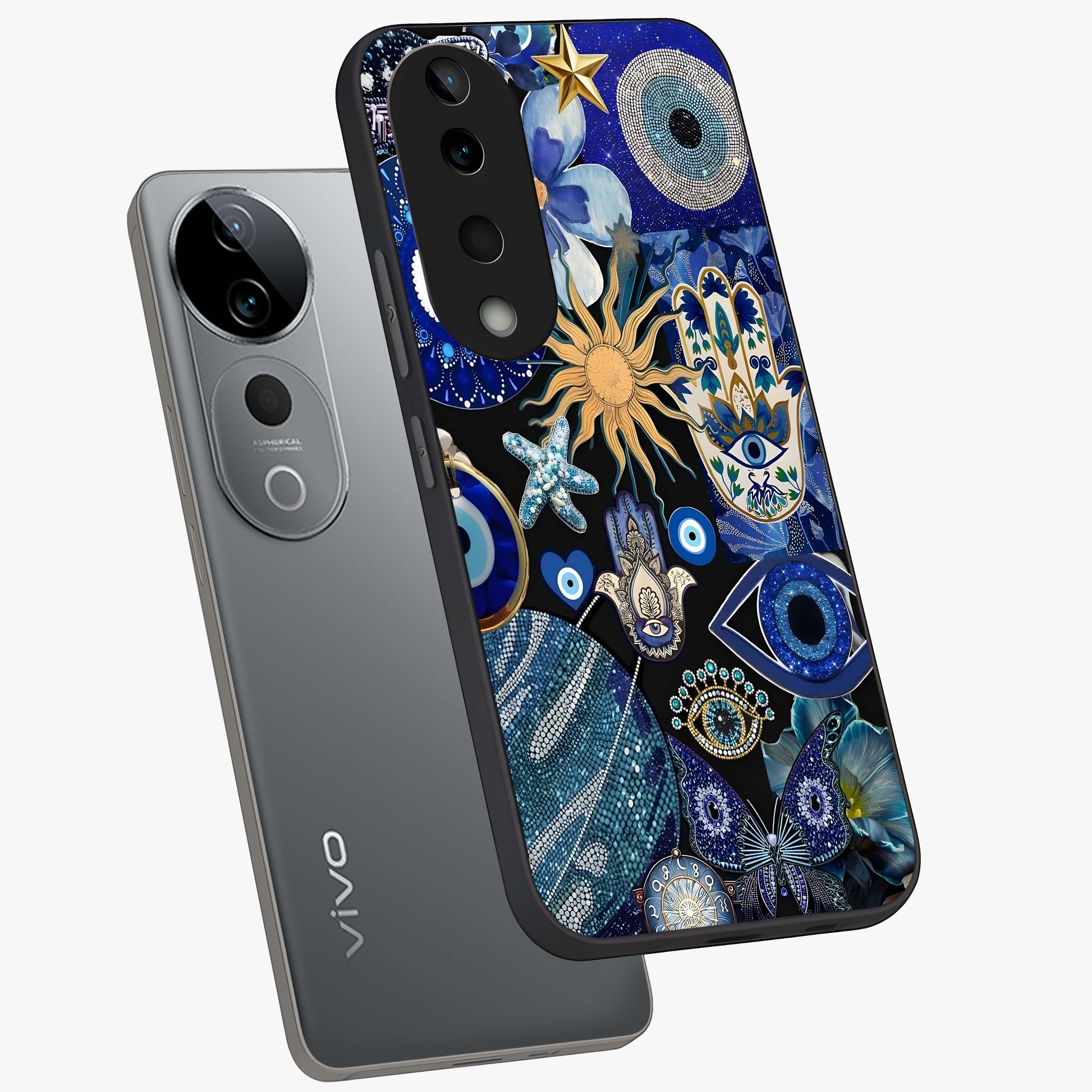 Evil Eye Charm Mix Glass Case displayed in angled mockup highlighting protective evil eye symbols with spiritual aesthetic design.