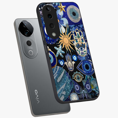 Evil Eye Charm Mix Glass Case displayed in angled mockup highlighting protective evil eye symbols with spiritual aesthetic design.