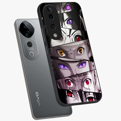 Eyes of Destiny Glass Case displayed in angled mockup highlighting bold eye illustration with mystical aesthetic style.